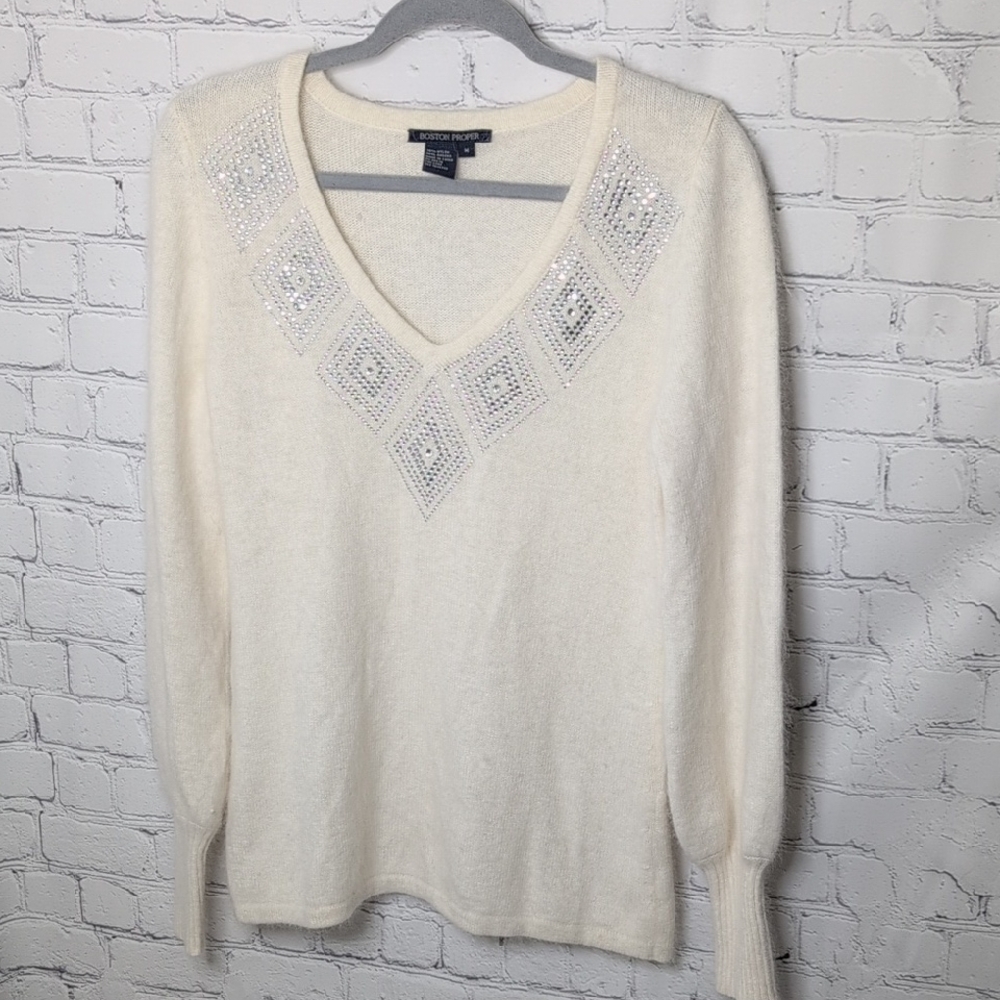 Boston Proper Cream V-Neck Sweater with Silver Accents Angora Blend
